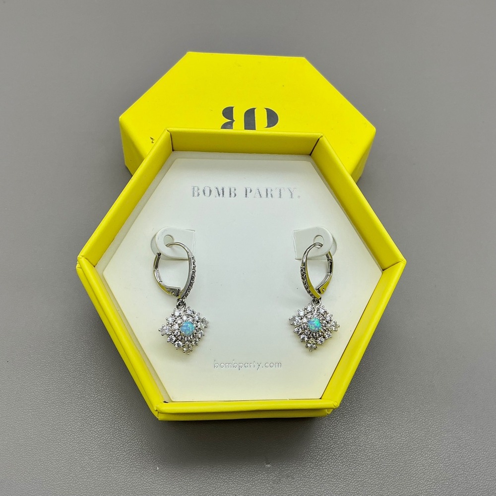 Bomb Party Lovely Oasis‎ Rhodium Plated Fire Opal Crystal Drop Hoop Earrings